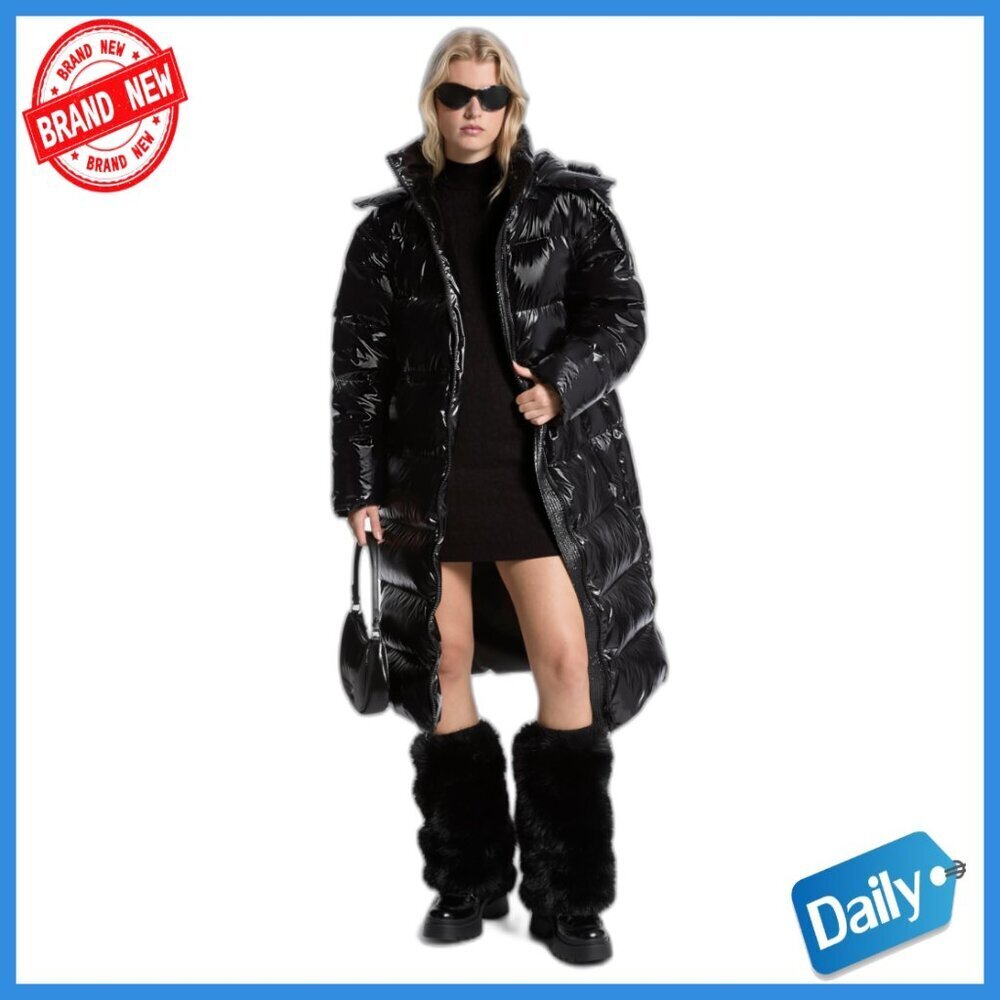 Small Long Down Jacket with Faux Fur Hood, Nylon, Relaxed Fit